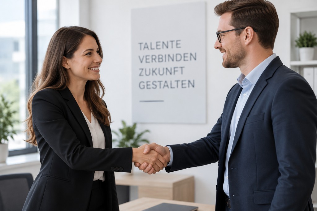 Zwei Personen geben sich im Büro die Hand. Im Hintergrund steht: Talente verbinden, Zukunft gestalten.